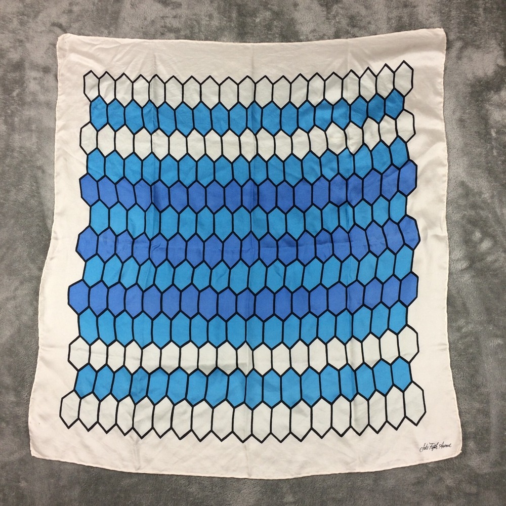 Vintage Saks Fifth Avenue Silk Scarf Blue Hexagons Geometric